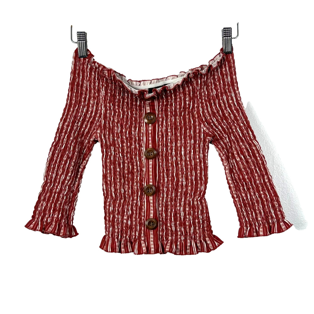 Orange‎ Rose Cropped Top Womens S Red White Stripe Smocked Off Shoulder Buttons